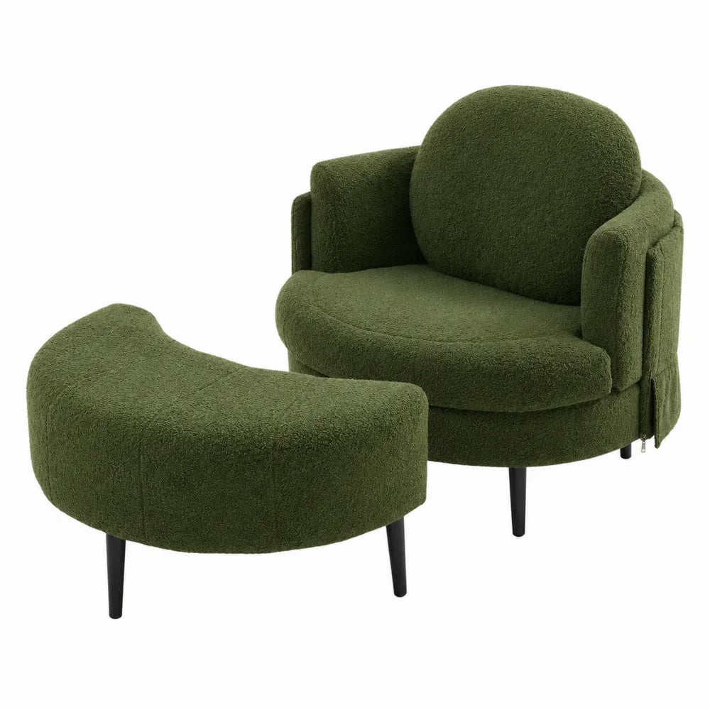 Poltrona in Tessuto Bouclé Verde con Pouf