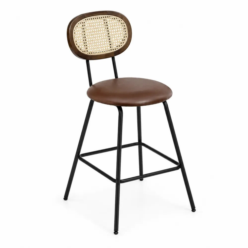 Sgabello in Cuoio Sintetico Marrone e Rattan con Struttura in Metallo