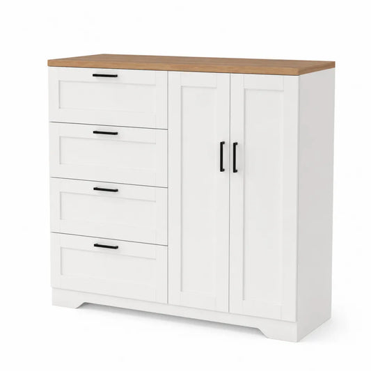 Cassettiera in MDF Bianco con Ripiano in Legno