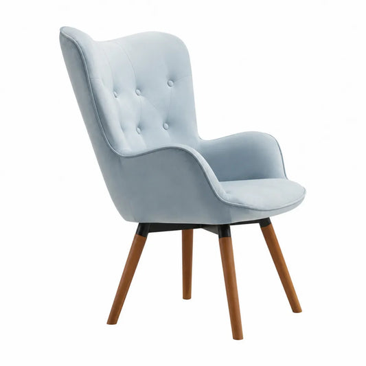 Sedia imbottita in velluto blu con gambe in legno di faggio