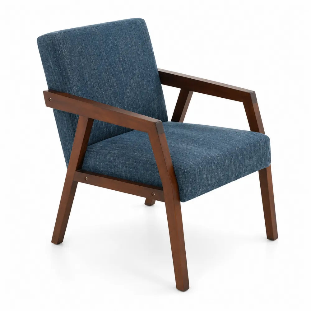 Poltrona in legno con rivestimento in tessuto blu