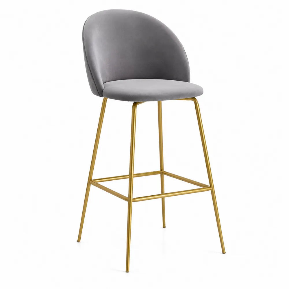 Sgabello in Velluto Grigio con Struttura in Metallo Dorato