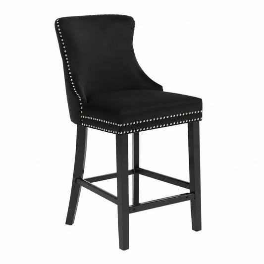Sgabello da bar in velluto nero con struttura in legno