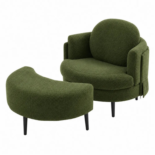 Poltrona in Tessuto Bouclé Verde con Pouf