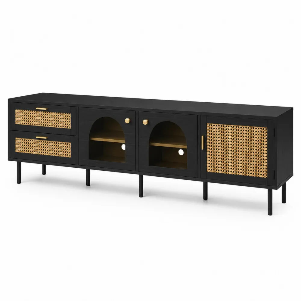 Mobile TV in legno con dettagli in rattan