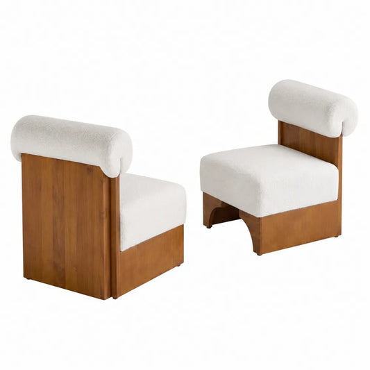 Set di 2 Sedie in Legno Massello di Quercia e Tessuto Bouclé Bianco