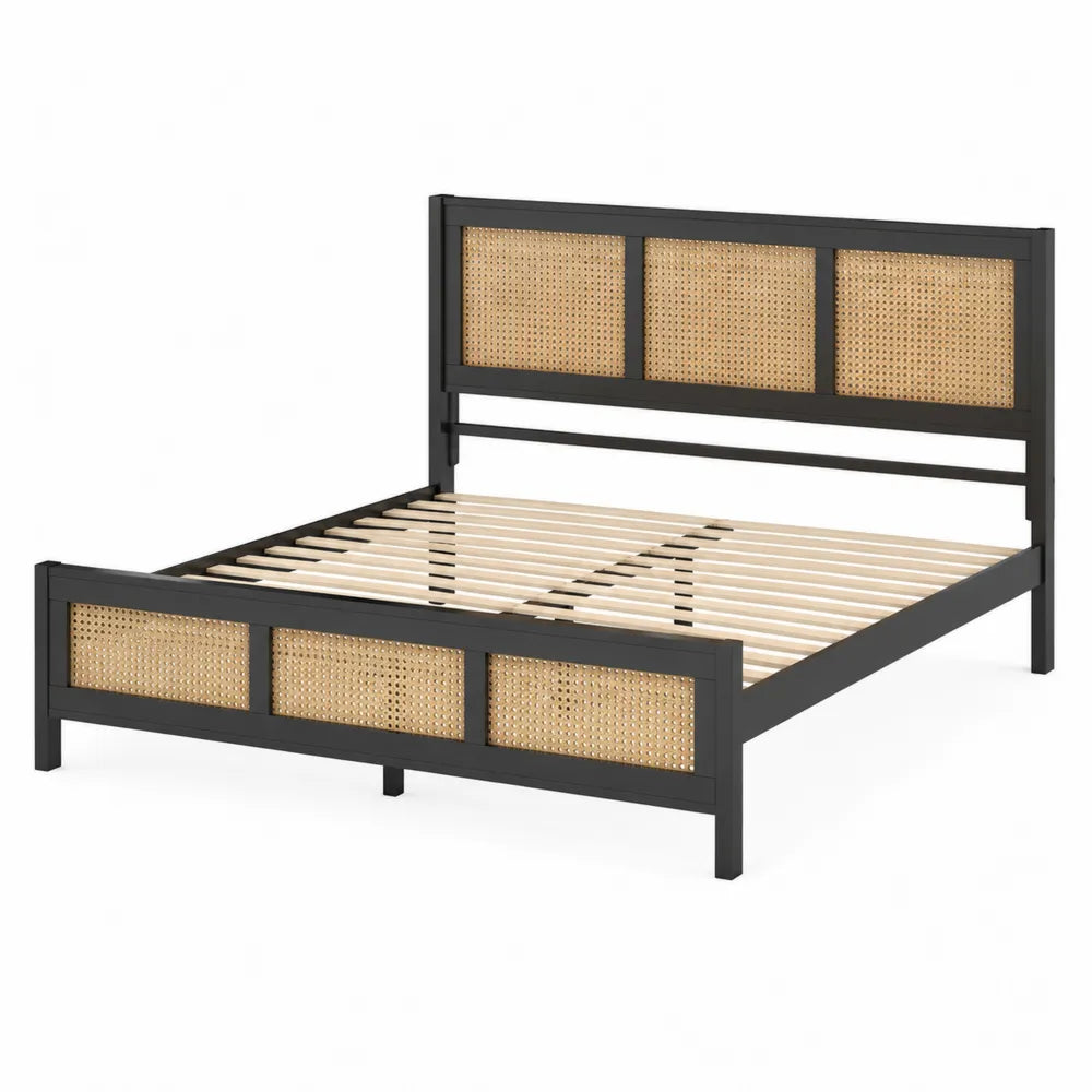 Letto matrimoniale in legno e rattan Nero/Naturale 200x160 cm
