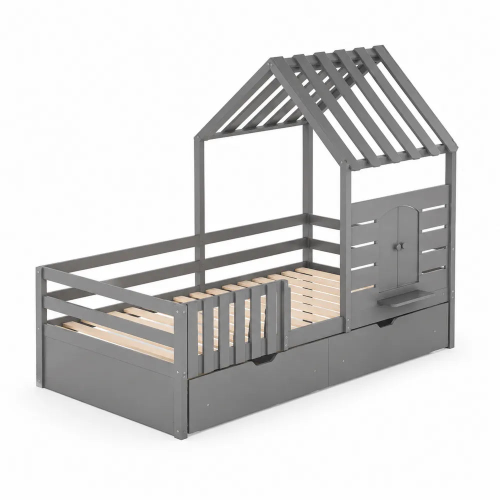 Letto per bambini a forma di casetta in legno di pino grigio con cassetti