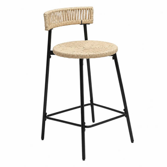 Sgabello da bar in rattan naturale e metallo nero