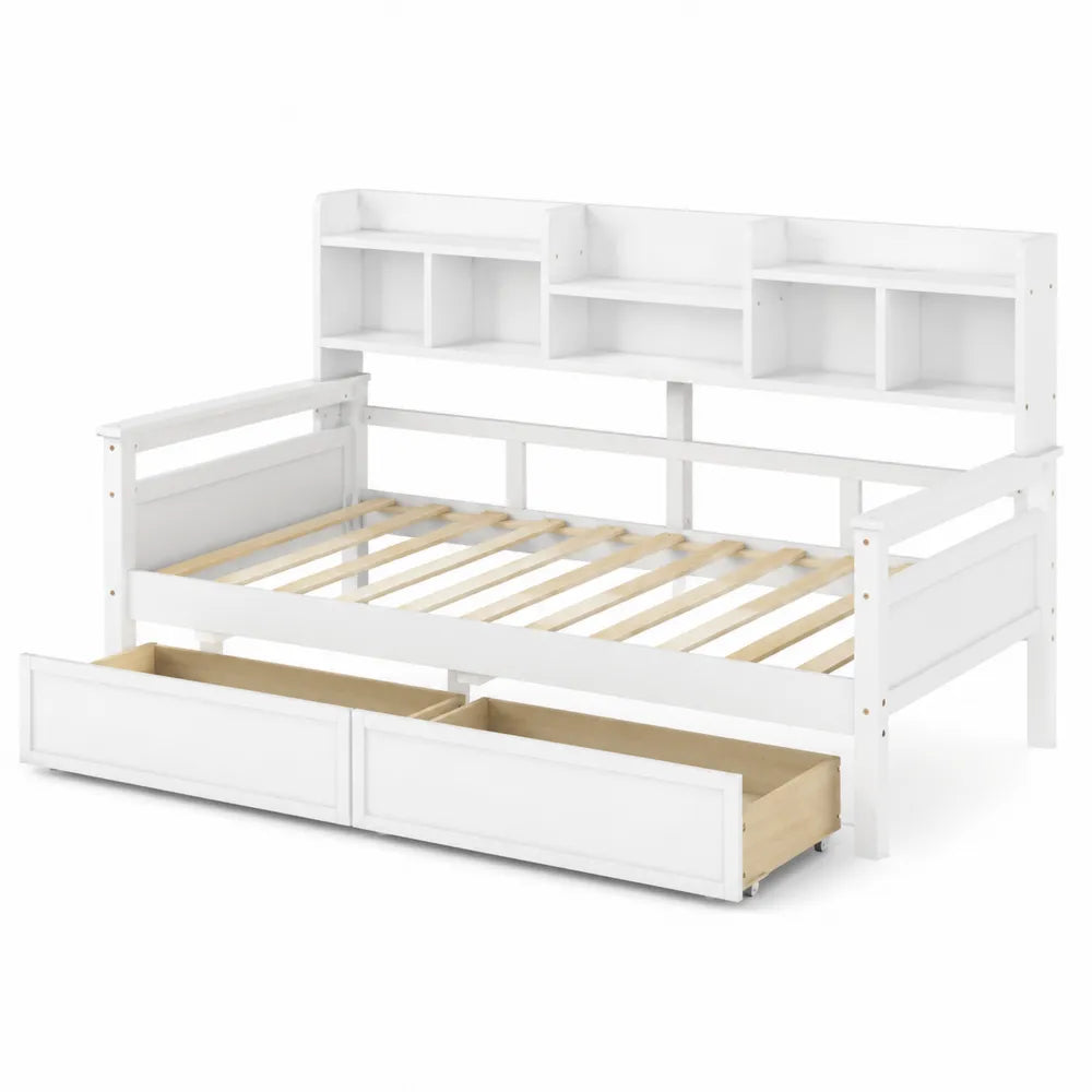 Letto singolo in legno massello di pino con cassetti e scaffale